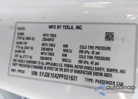 2023 Tesla Model 3 Rear-Wheel Drive from USA, damaged, VIN 5YJ3E1EA2PF551631